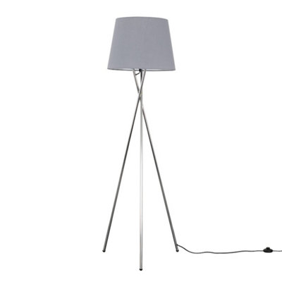 ValueLights Camden Modern Polished Chrome Metal Tripod Floor Lamp with Grey Shade