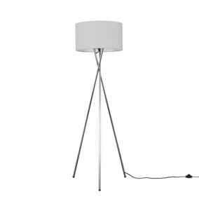 ValueLights Camden Modern Polished Chrome Metal Tripod Floor Lamp with Light Grey Cylinder Shade