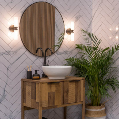ValueLights Canya Matte Black IP44 2 Way Frosted Reeded Glass Wall Light with LED Bulbs