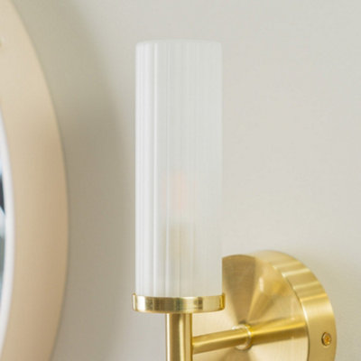 ValueLights Canya Pair of Brushed Gold IP44 Frosted Reeded Glass Wall ...