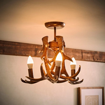 ValueLights Caribou Rustic Caribou Antler 3 Way Brown Ceiling Light