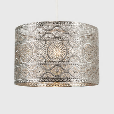ValueLights Casablanca Moroccan Style Drum Silver Pendant Ceiling Light