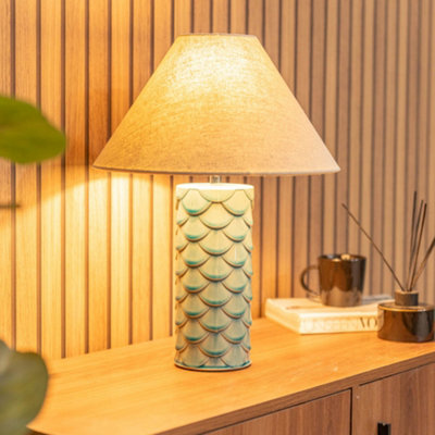 ValueLights Ceramic Aqua Mermaid Shell Scallop Bedside Table Lamp with Tapered Lampshade - Bulb Included