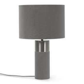 ValueLights Charcoal Grey Velvet and Silver Chrome Bedside Table Lamp with a Drum Lampshade - Bulb Included