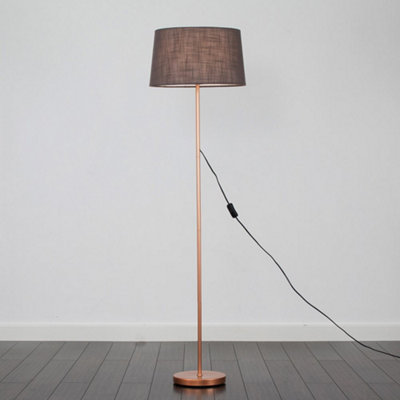 ValueLights Charles Copper Single Stem Floor Lamp with Grey Tapered Faux Linen Shade