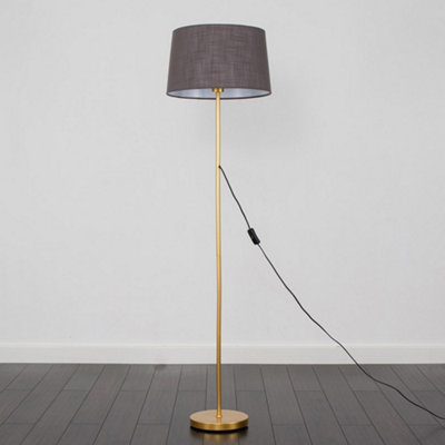ValueLights Charles Gold Single Stem Floor Lamp with Grey Tapered Faux Linen Shade