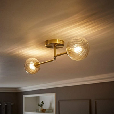 ValueLights Chessy Gold Metal Bar 2 Way Ceiling Light with Amber Ribbed Glass Globe Shades