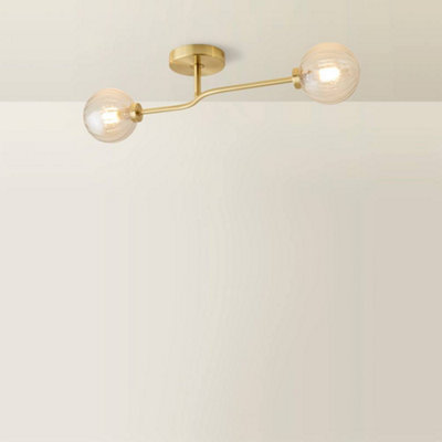 ValueLights Chessy Gold Metal Bar 2 Way Ceiling Light with Amber Ribbed Glass Globe Shades