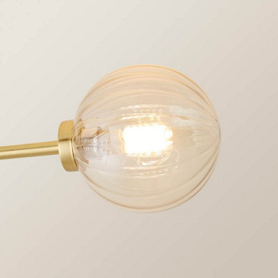 ValueLights Chessy Gold Metal Bar 2 Way Ceiling Light with Amber Ribbed Glass Globe Shades