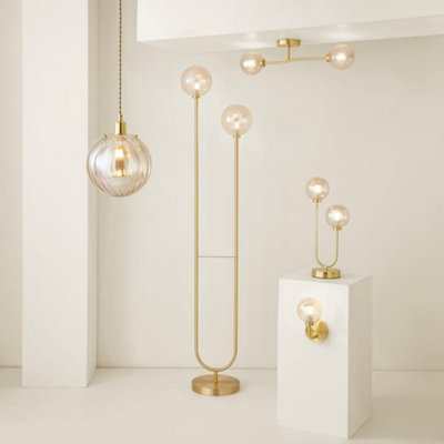 ValueLights Chessy Gold Metal Bar 2 Way Ceiling Light with Amber Ribbed Glass Globe Shades