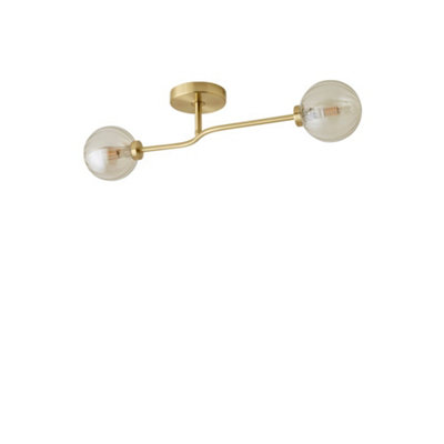 ValueLights Chessy Gold Metal Bar 2 Way Ceiling Light with Amber Ribbed Glass Globe Shades