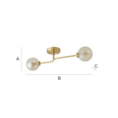 ValueLights Chessy Gold Metal Bar 2 Way Ceiling Light with Amber Ribbed Glass Globe Shades