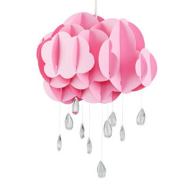 ValueLights Children's Pink Layered Rain Cloud Ceiling Pendant Light Shade With Jewel Raindrop Water Droplets