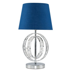 ValueLights Chrome Acrylic Jewel Double Hoop Design Table Lamp With Navy Blue Polycotton Light Shade With LED Bulb in Warm White