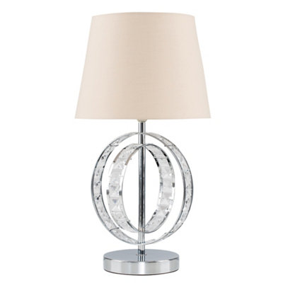 ValueLights Chrome Acrylic Jewel Intertwined Double Hoop Design Table Lamp With Beige Light Shade