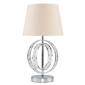 ValueLights Chrome Acrylic Jewel Intertwined Double Hoop Design Table Lamp With Beige Light Shade