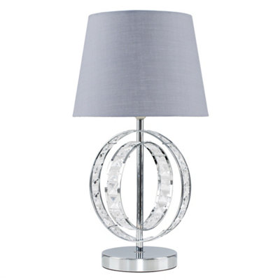 ValueLights Chrome Acrylic Jewel Intertwined Double Hoop Design Table Lamp With Grey Light Shade