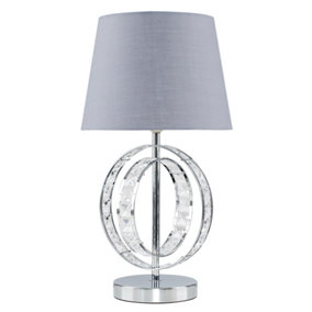 ValueLights Chrome Acrylic Jewel Intertwined Double Hoop Design Table Lamp With Grey Light Shade