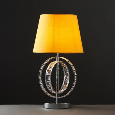 ValueLights Chrome Acrylic Jewel Intertwined Double Hoop Design Table Lamp With Mustard Light Shade