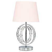 ValueLights Chrome Acrylic Jewel Intertwined Double Hoop Design Table Lamp With Pink Light Shade