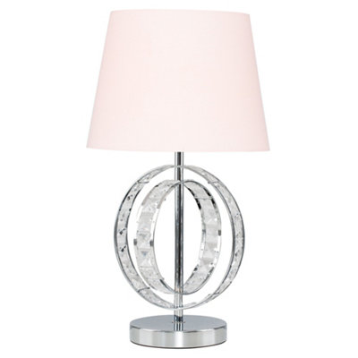 ValueLights Chrome Acrylic Jewel Intertwined Double Hoop Design Table Lamp With Pink Light Shade