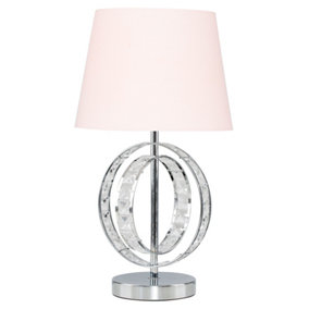 ValueLights Chrome Acrylic Jewel Intertwined Double Hoop Design Table Lamp With Pink Light Shade