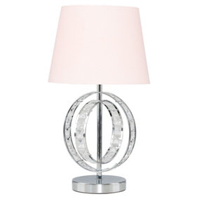 ValueLights Chrome Acrylic Jewel Intertwined Double Hoop Table Lamp With Pink Polycotton Light Shade With LED Bulb in Warm White