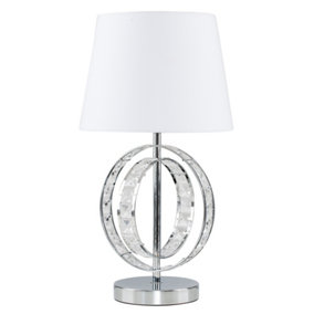 ValueLights Chrome Acrylic Jewel Intertwined Double Hoop Table Lamp With White Polycotton Light Shade With LED Bulb in Warm White
