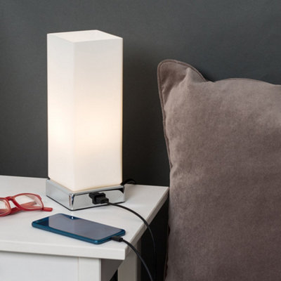 ValueLights Chrome And White Modern Frosted Glass Bedside Touch Table Lamp With USB Charging Port