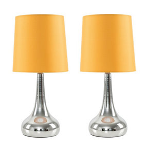 ValueLights Chrome Teardrop Touch Bed Side Table Lamps with Mustard Fabric Shade With 5w LED Bulb 3000K Warm White