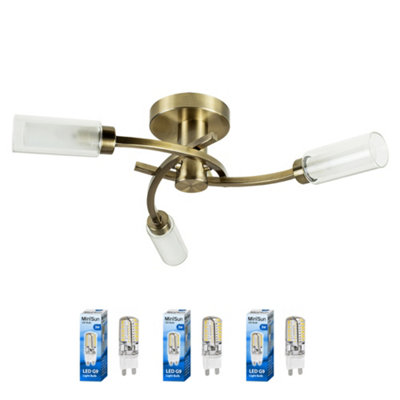 ValueLights Claudia 3 Way Spiral Flush Antique Brass Effect Ceiling Light with Glass Shades and LED Bulbs