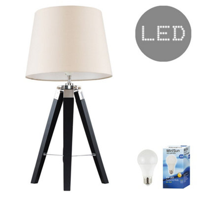 ValueLights Clipper Black Wood and Silver Chrome Tripod Table Lamp with Beige Tapered Light Shade with 6w LED GLS Bulb