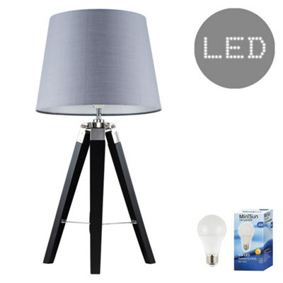 ValueLights Clipper Black Wood and Silver Chrome Tripod Table Lamp with Grey Light Shade Complete with 6w LED GLS Bulb