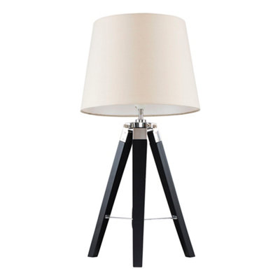 ValueLights Clipper Modern Black Wood and Silver Chrome Tripod Table Lamp with Beige Light Shade