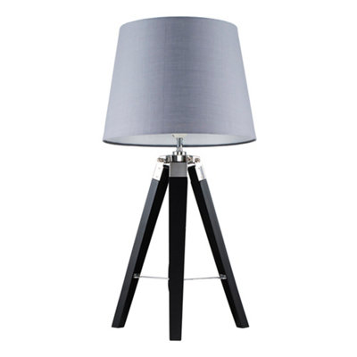 ValueLights Clipper Modern Black Wood and Silver Chrome Tripod Table Lamp with Grey Light Shade