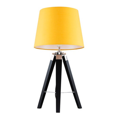 ValueLights Clipper Modern Black Wood and Silver Chrome Tripod Table Lamp with Mustard Light Shade