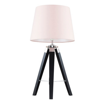 ValueLights Clipper Modern Black Wood and Silver Chrome Tripod Table Lamp with Pink Light Shade