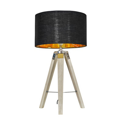 ValueLights Clipper Modern Distressed Wood and Silver Chrome Tripod Table Lamp with Black Gold Drum Shade