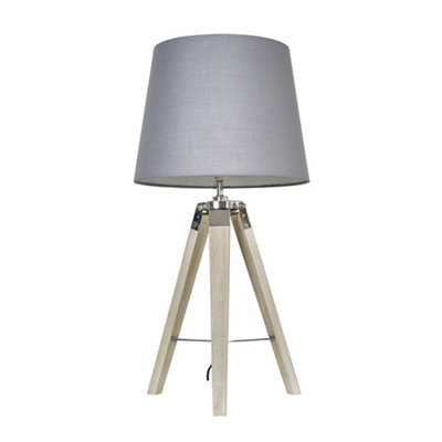 ValueLights Clipper Modern Distressed Wood and Silver Chrome Tripod Table Lamp with Grey Light Shade