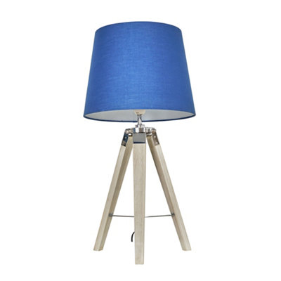 ValueLights Clipper Modern Distressed Wood and Silver Chrome Tripod Table Lamp with Navy Blue Light Shade