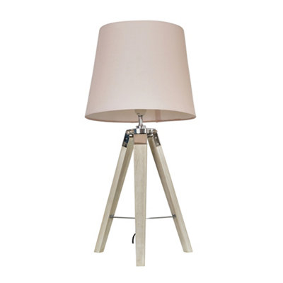 ValueLights Clipper Modern Distressed Wood and Silver Chrome Tripod Table Lamp with Pink Light Shade