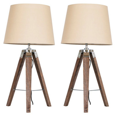 ValueLights Clipper Pair of Distressed Wood and Silver Chrome Tripod Table Lamps with Beige Light Shades