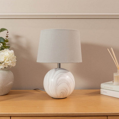 ValueLights Connie Marble Effect Ceramic Table Lamp with a Grey Fabric Shade Bedroom Bedside Light - Bulb Included