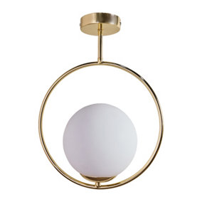 ValueLights Contemporary Gold Ring And Opal Glass Globe Shade Ceiling Light Fitting