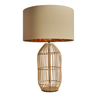 ValueLights Contemporary Large Natural Rattan Cylinder Table Lamp With Beige Gold Cylinder Shade