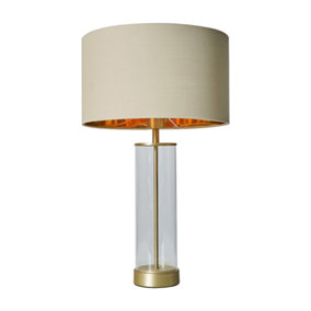 ValueLights Contemporary Matt Gold And Clear Tube Table Lamp With Beige Gold Shade
