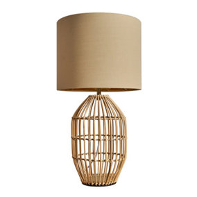 ValueLights Contemporary Natural Rattan Cylinder Table Lamp With Beige Gold Cylinder Shade