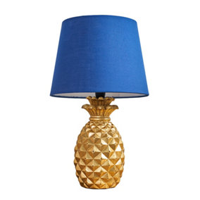 ValueLights Contemporary Pineapple Design Gold Effect Table Lamp With Navy Blue Shade
