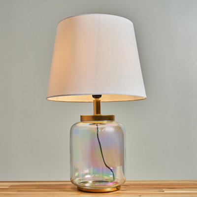 ValueLights Contemporary Polished Brass & Iridescent Clear Glass Jar Table Lamp With White Tapered Shade