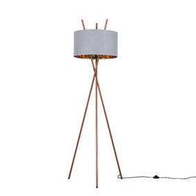 ValueLights Copper Metal Crossover Design Tripod Floor Lamp With Grey & Copper Shade - Complete With 6w LED Bulb In Warm White